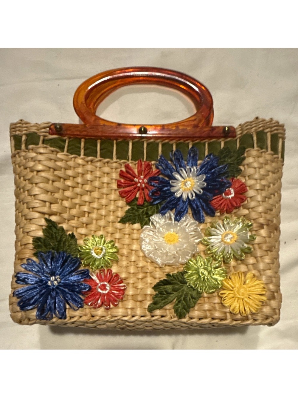 Vintage Beige Woven Top Handle Bag Floral Embroidered Brown Lucite Handles